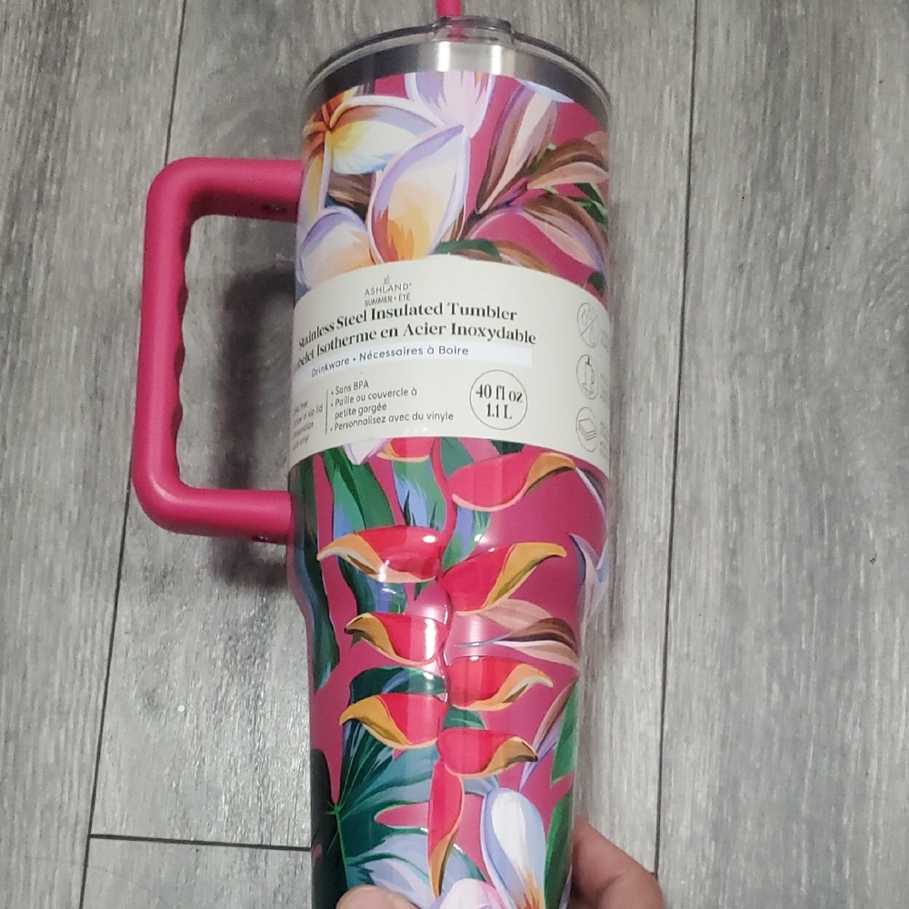 Ashland Pink Floral and Green Parrot Stainless Steel Tumbler with Handle - 40oz.